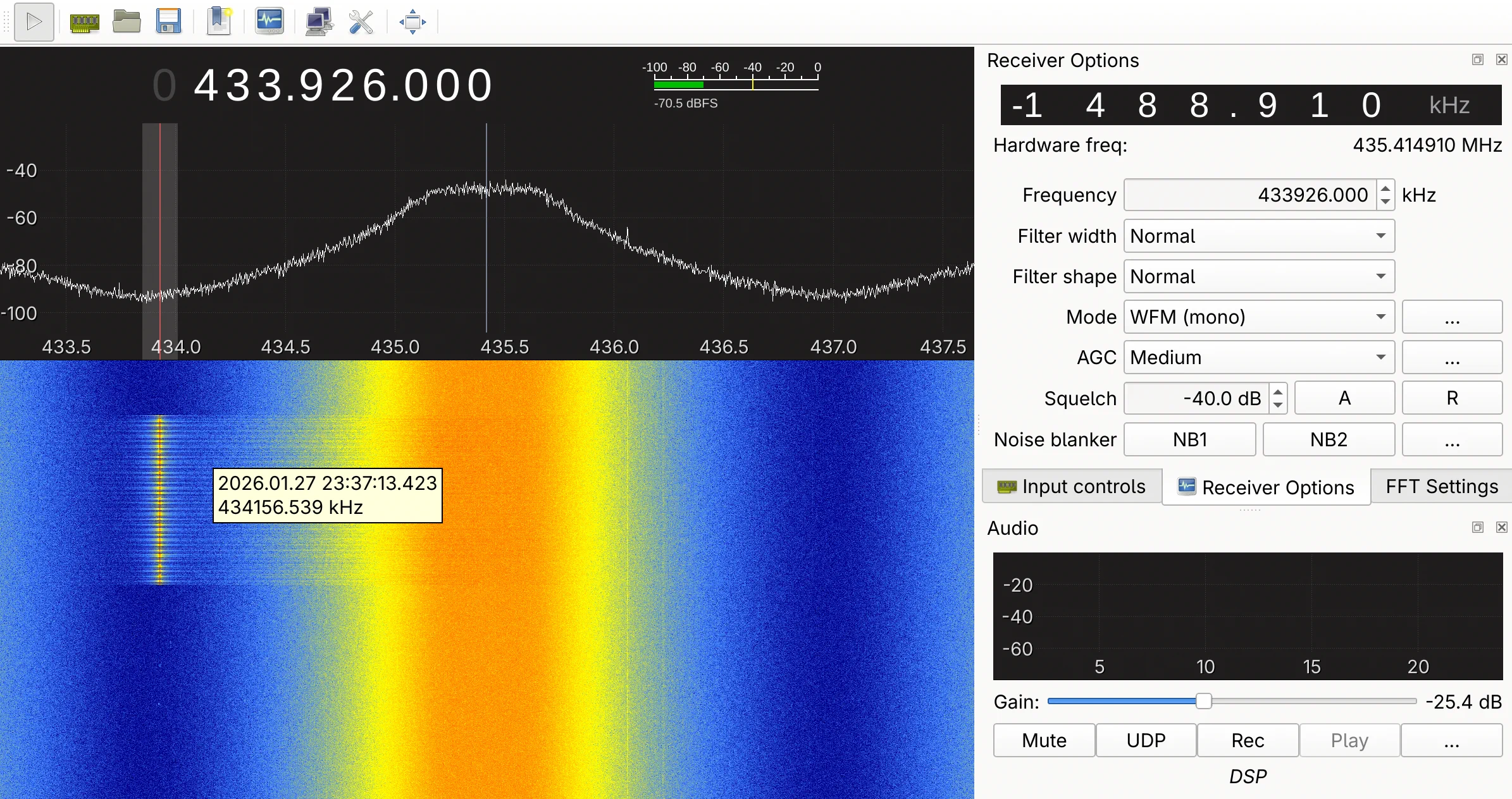 Waterfall capture of a domotic beeper signal at 433 MHz